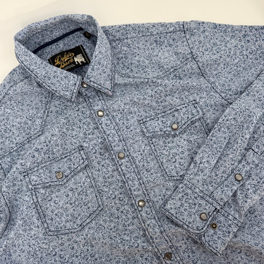 Dukes Bark Mens Western Pearlโ Snap Shirt Blue Floral Long Sleeve Size M